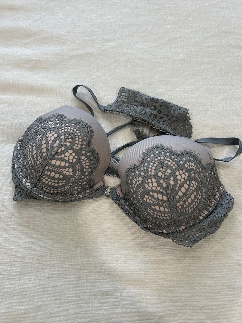 Victoria's Secret Gray Lace Push-Up Bra with Crochet Overlay